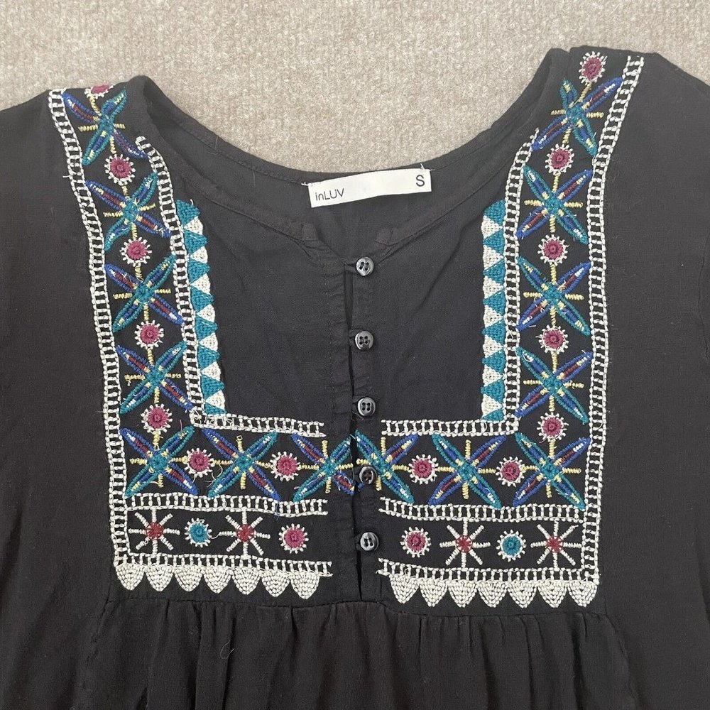 inLUV Shirt Womens Small Black Embroidered Boho Flowy Top Colorful Buttons FLAW - Picture 2 of 10